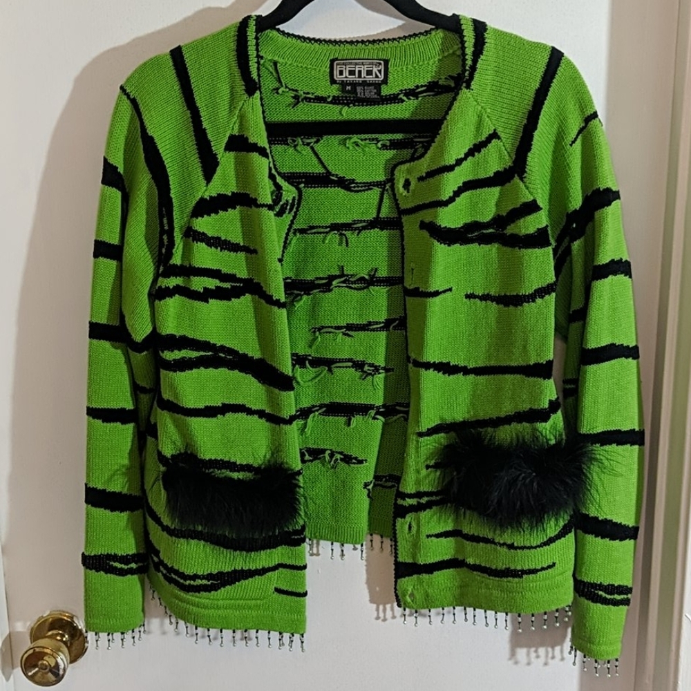 Vintage Lime Green Tiger Print Beaded Cardigan.